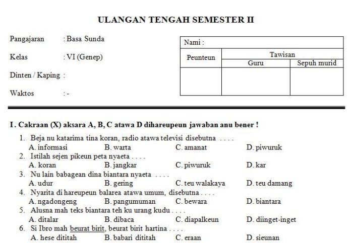 Kisi-kisi soal PTS kelas 5 SD semester 2